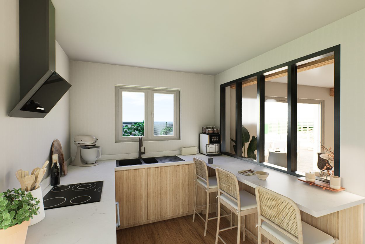 Image 3D d'une cuisine ouverte avec verrière, projet à Sames