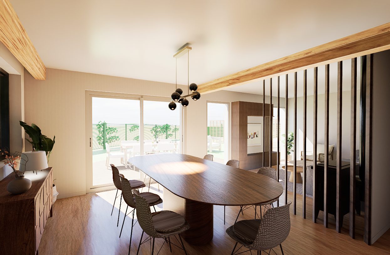 Image 3D d'une salle à manger sous poutre apparente, projet à Sames