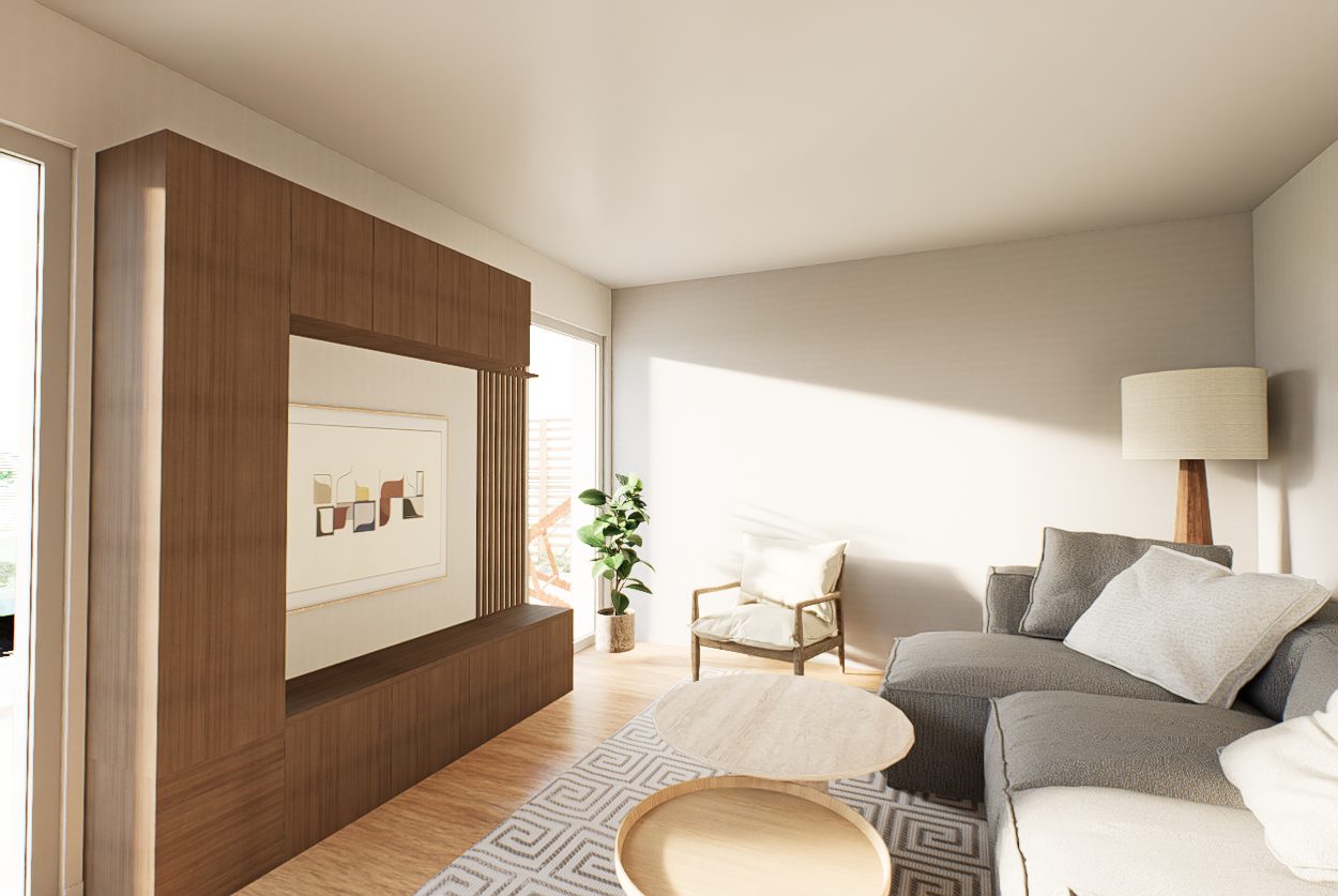 Image 3D d'un salon avec meuble TV en bois, projet à Sames