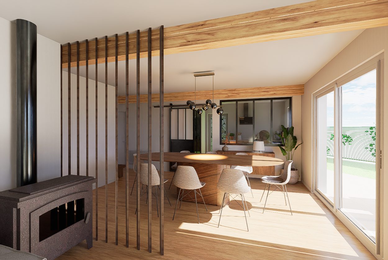 Image 3D d'un séjour avec poêle et claustra, projet à Sames