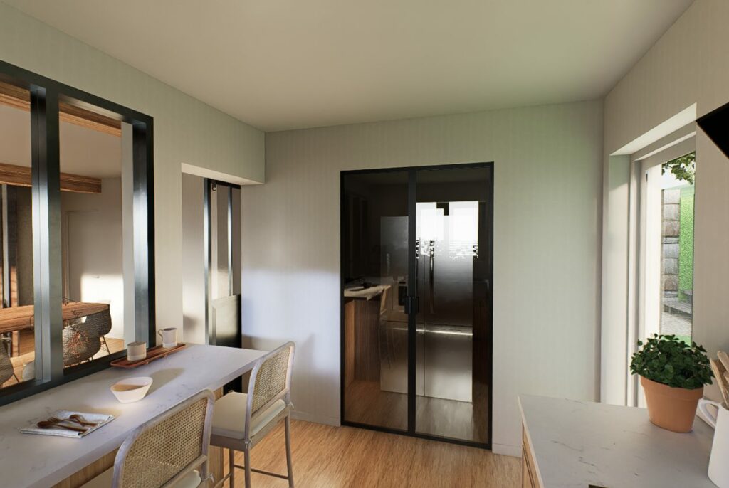 Image 3D d'une verrière d'atelier entre cuisine et séjour, projet à Sames