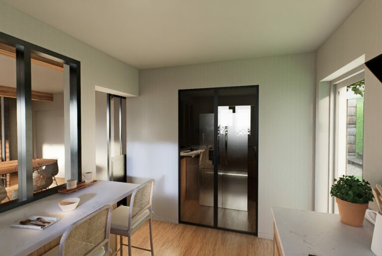 Image 3D d'une verrière d'atelier entre cuisine et séjour, projet à Sames