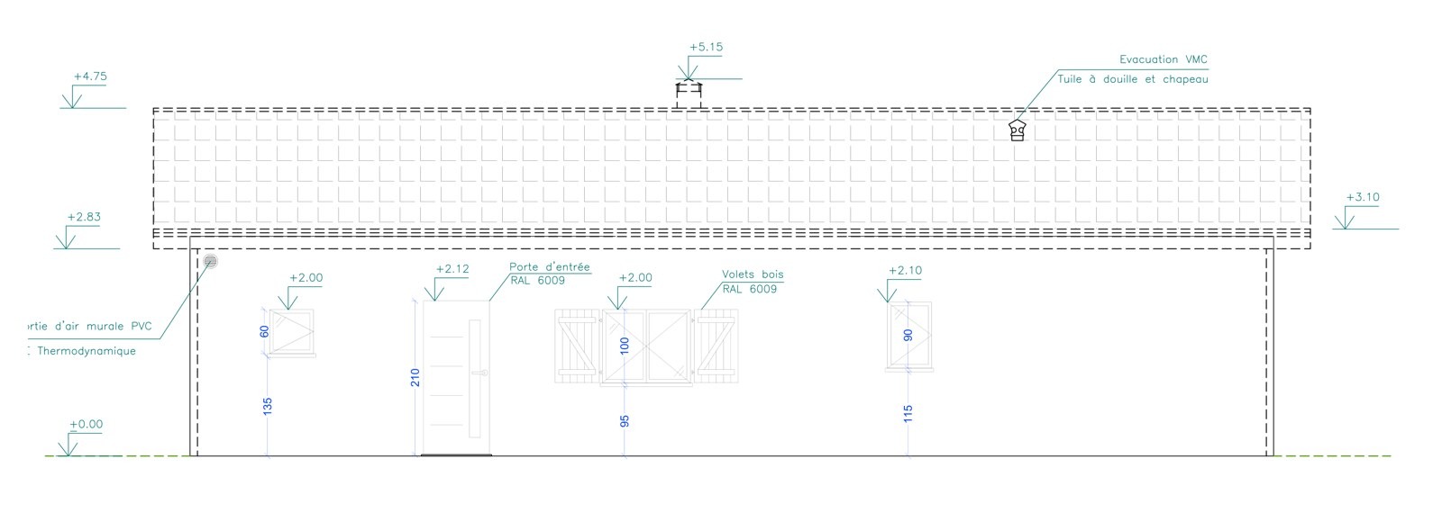Plan d'élévation de la façade nord d'une maison de plain-pied