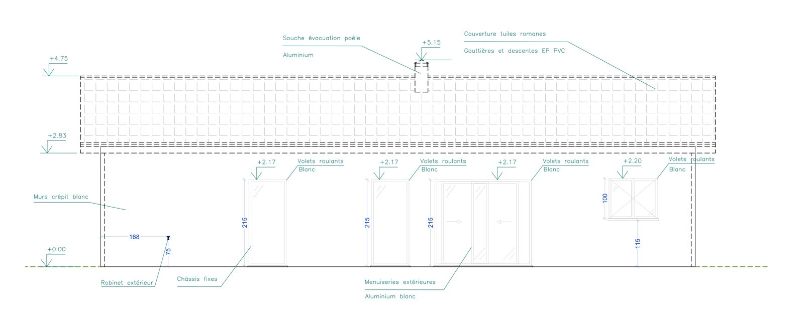 Plan d'élévation de la façade sud d'une maison de plain-pied
