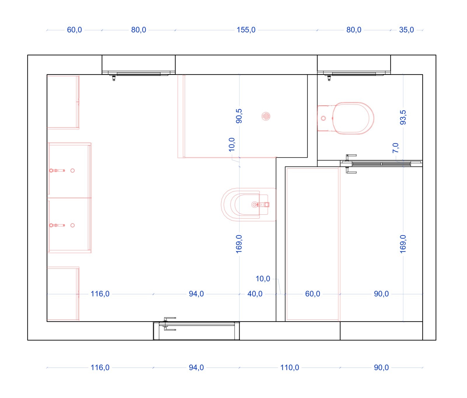 Plan d'aménagement d'une salle d'eau et d'un WC, vue de dessus